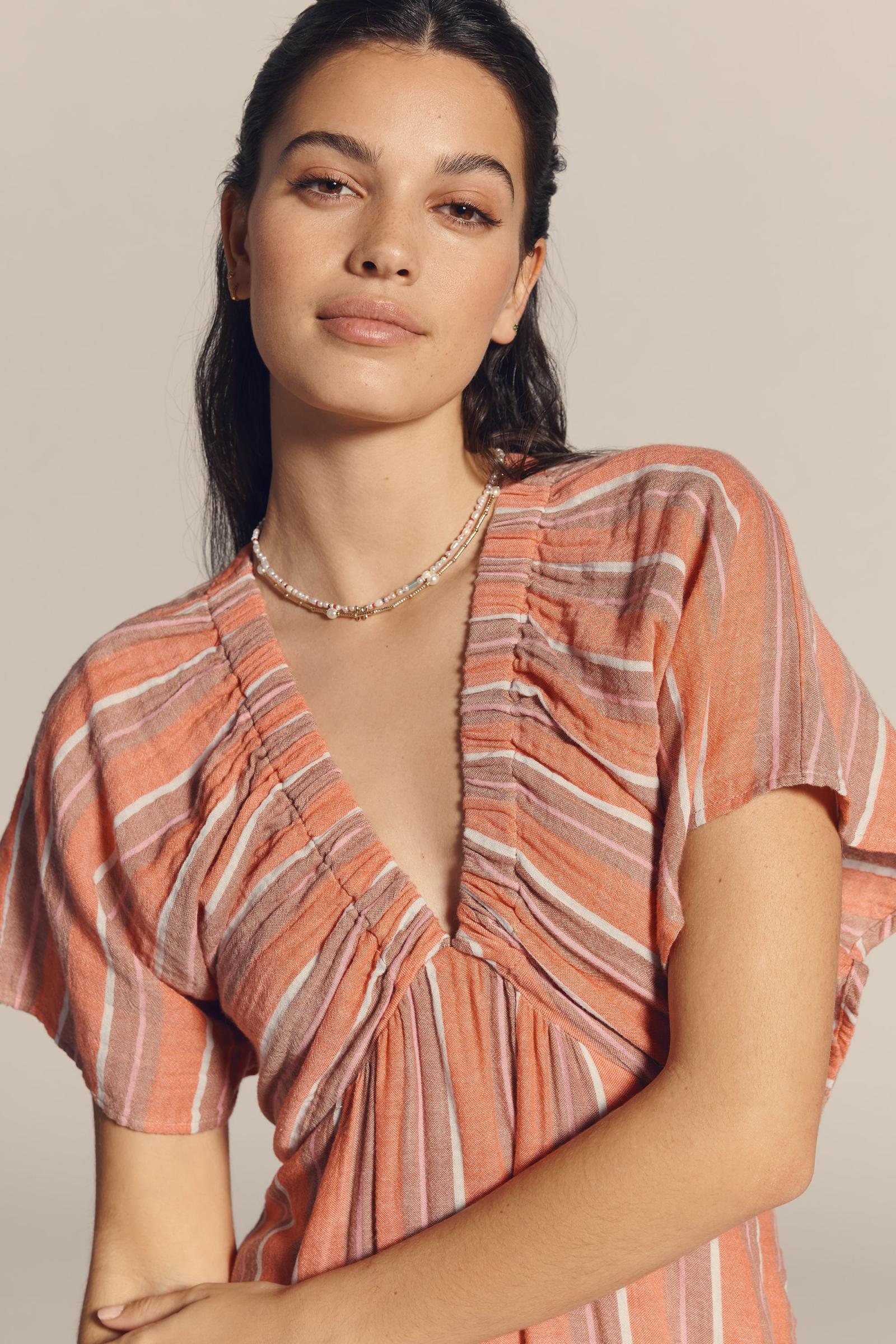 Gauze Stripe Dress - Bright Coral