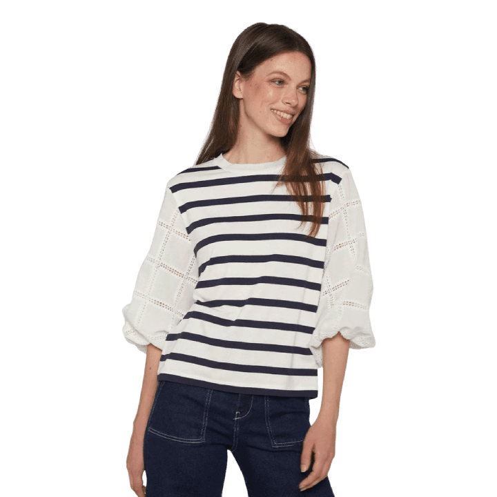 Navy & White Stripe Top with Embroidered Sleeves - Lomie's
