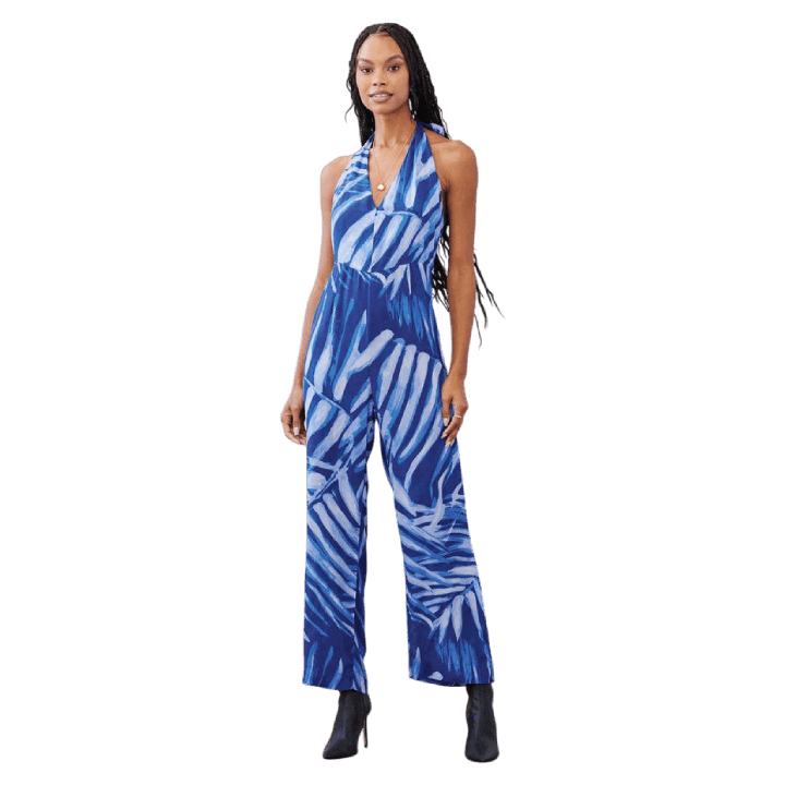 Open Back Halter Jumpsuit - Bayside Palm Print - Lomie's