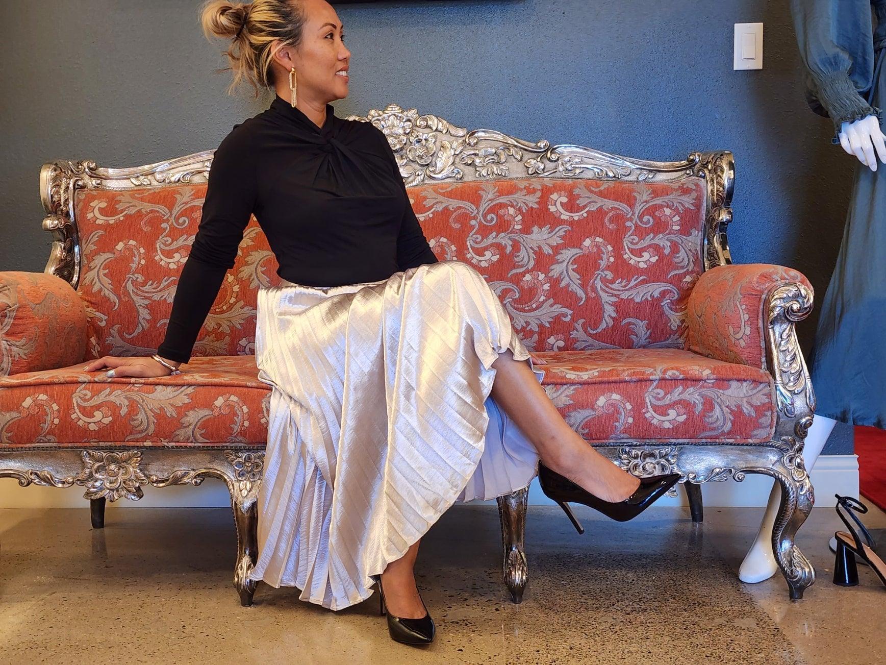 Windowpane Silk Pleated Skirt - Lomie's