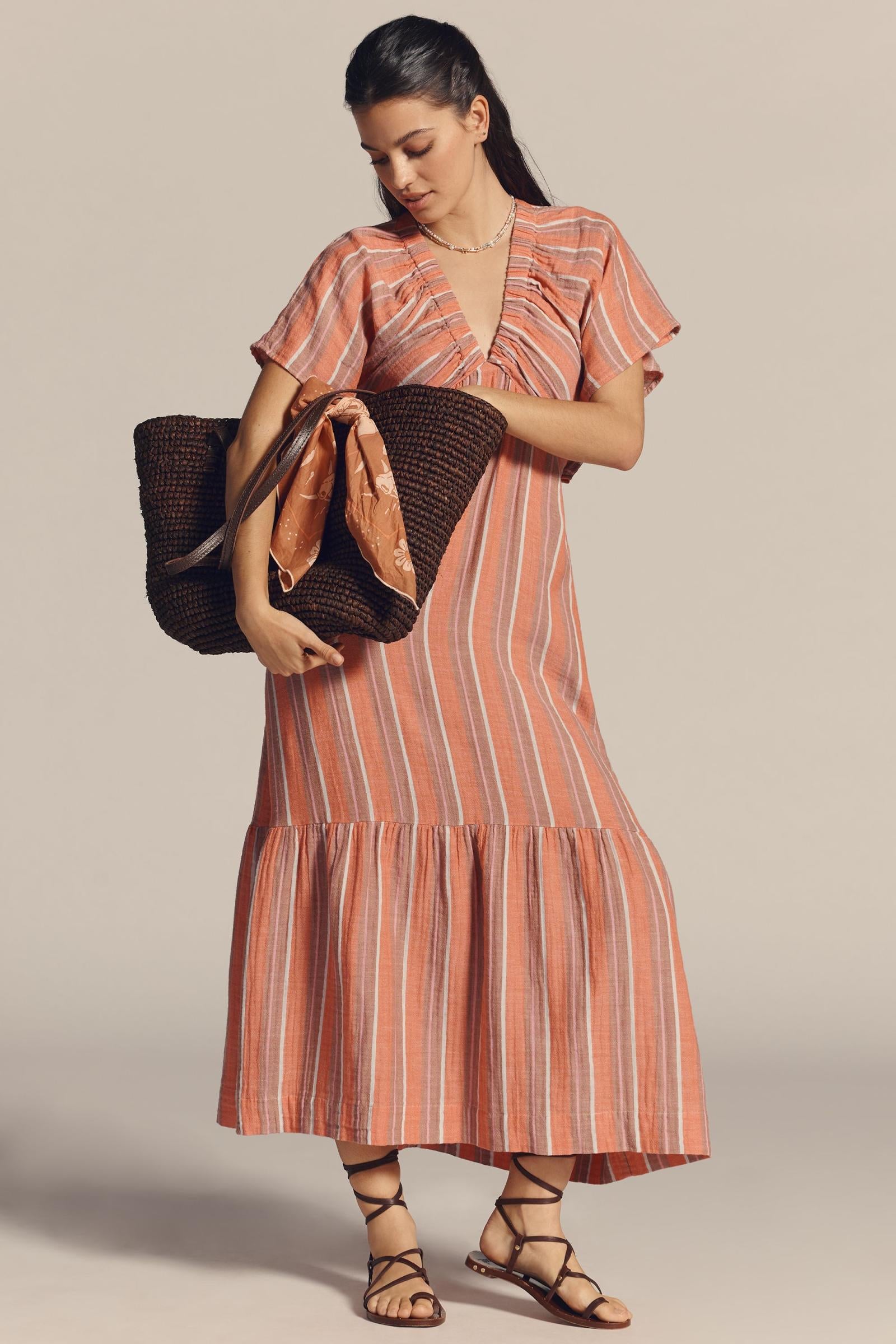 Gauze Stripe Dress - Bright Coral