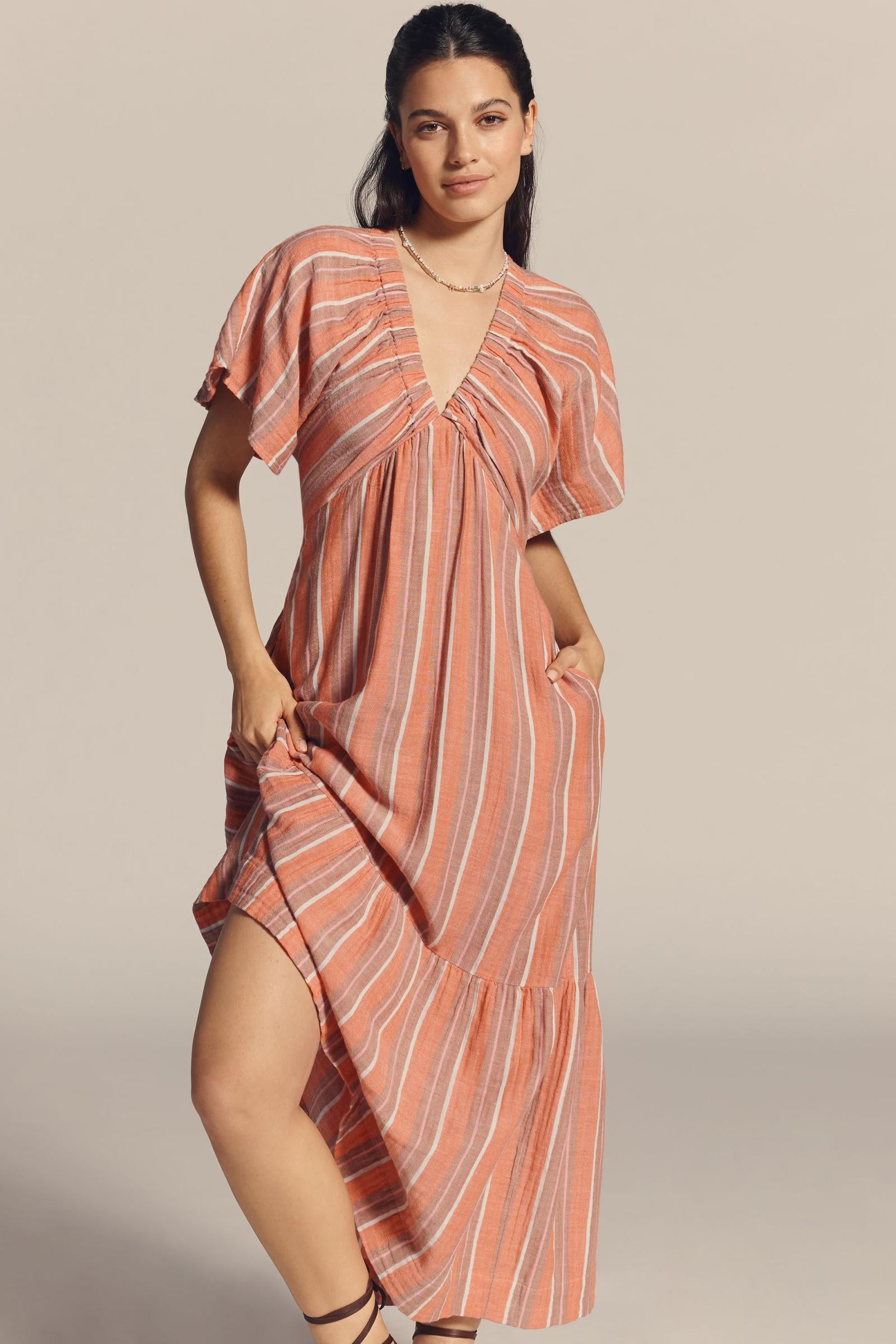 Gauze Stripe Dress - Bright Coral