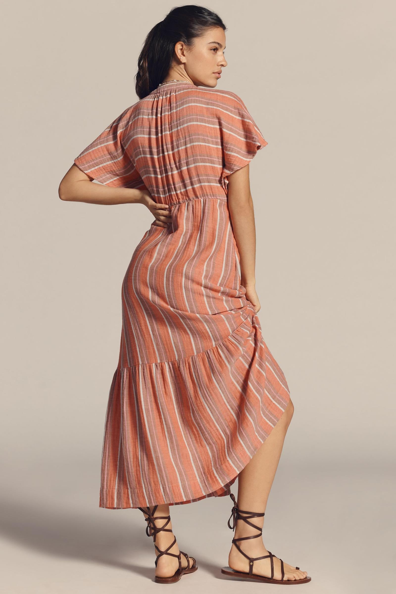 Gauze Stripe Dress - Bright Coral