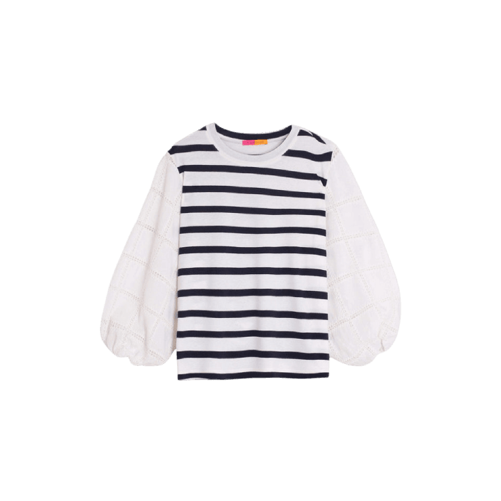 Navy & White Stripe Top with Embroidered Sleeves - Lomie's