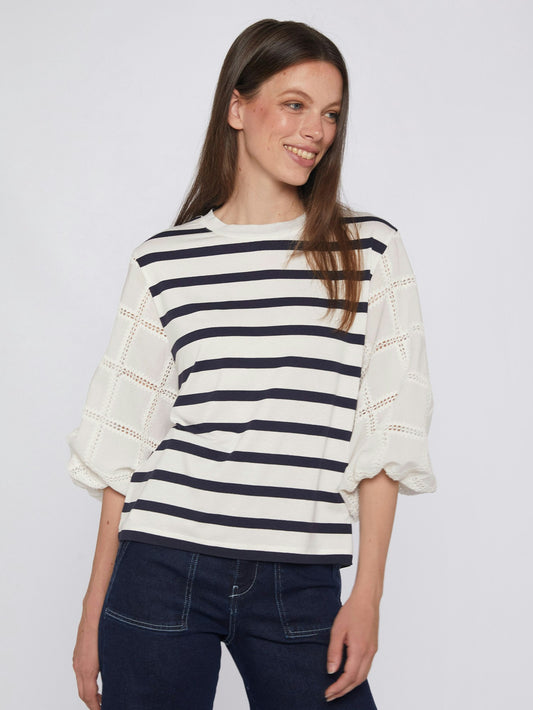 Navy & White Stripe Top with Embroidered Sleeves