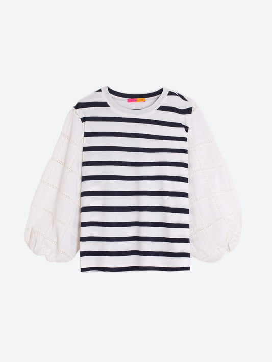 Navy & White Stripe Top with Embroidered Sleeves