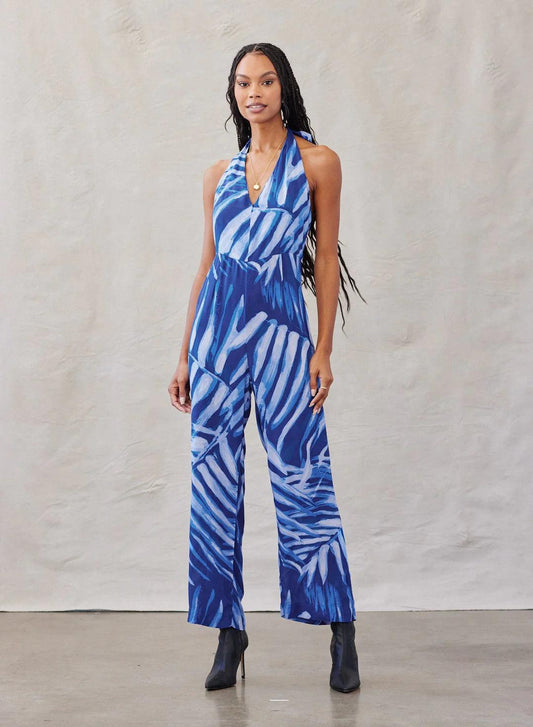 Open Back Halter Jumpsuit - Bayside Palm Print