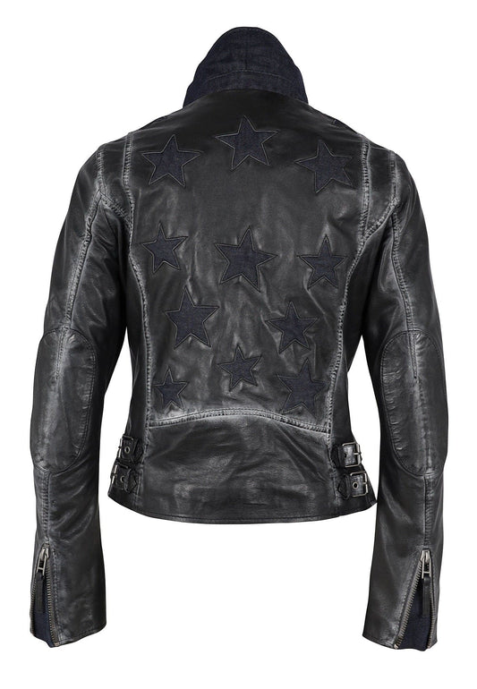 Stars Leather Jacket with Demin