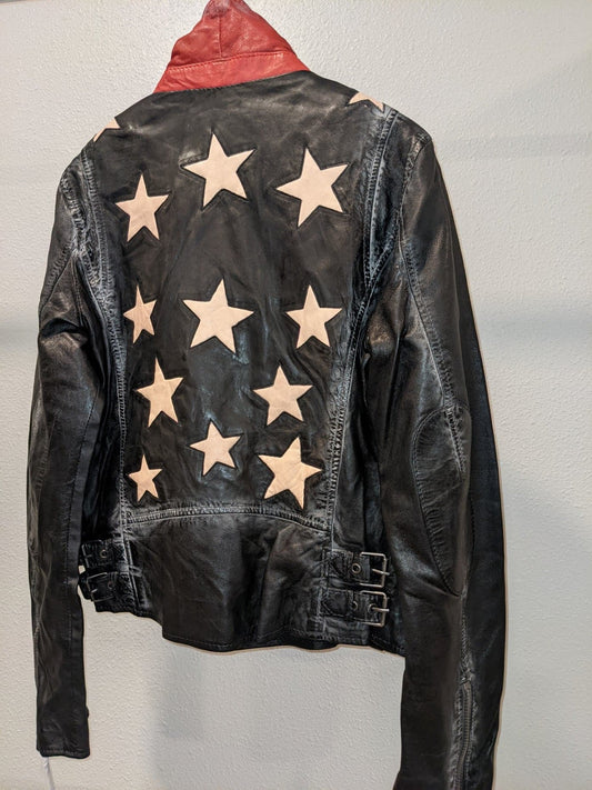 Stars Leather Jacket with Red Collar