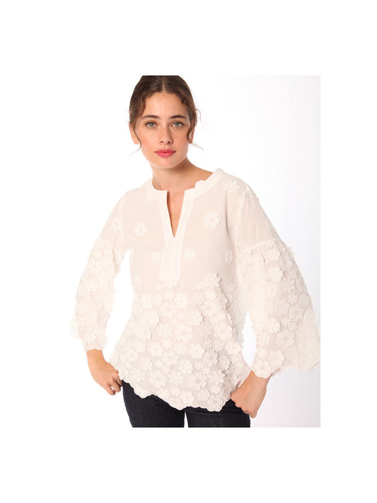 Leticia White Top with Embroidered Flowers